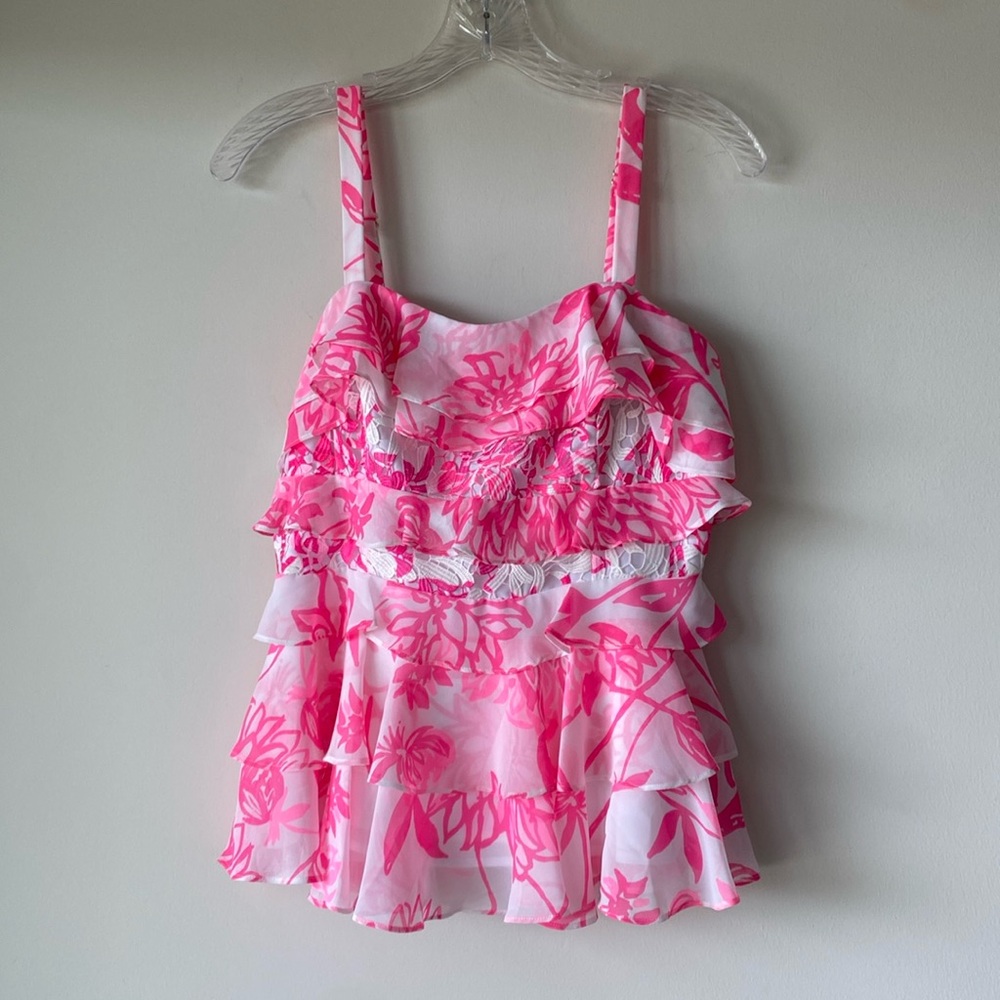 Lilly Pulitzer Olive Ruffle Pink Top in Resort White Caliente 4